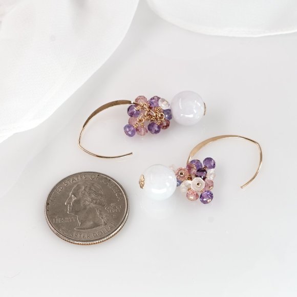 Jade Earrings with Amethyst Pink Topaz Cluster, 14K Gold Filled French Ear Wires - Picture 7 of 9